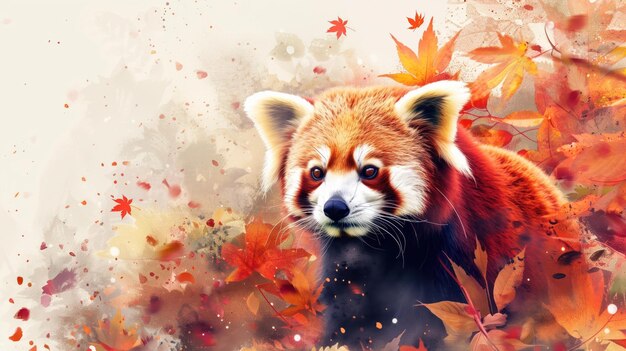 Red panda amid autumn leaves captured in warm watercolor hues its playful demeanor highlighted with ample space around