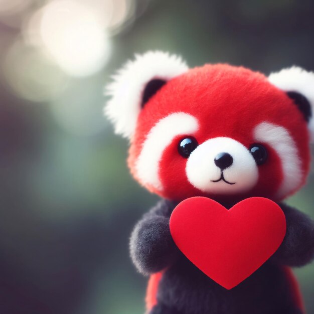 Photo red panda animal holding a red heart love card illustration