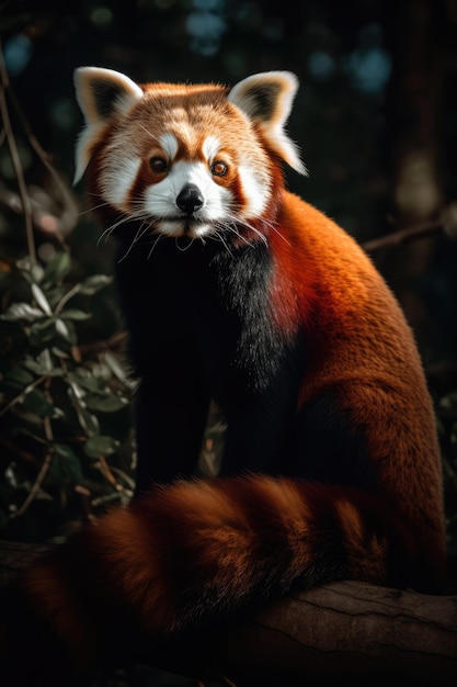 Red panda on branch in forest created using generative ai technology