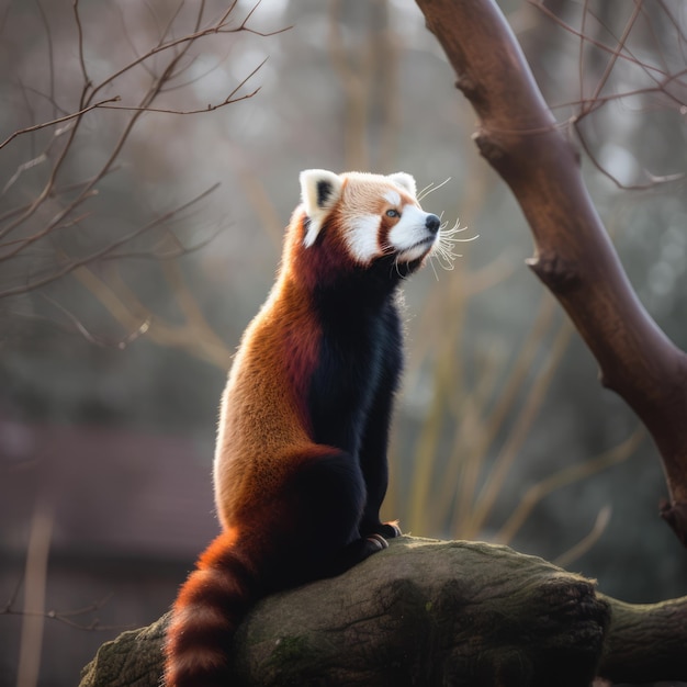 Красная панда на ветке в лесу, созданная с использованием генеративной технологии искусственного интеллекта