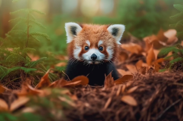 A red panda cub sits in the leaves of a forest.