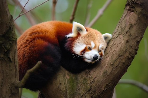 A red panda curled up in a tre