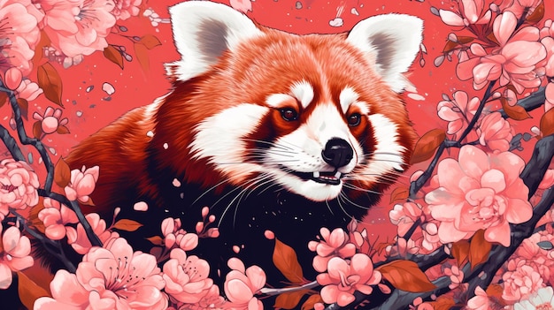 A red panda in a field of flowers