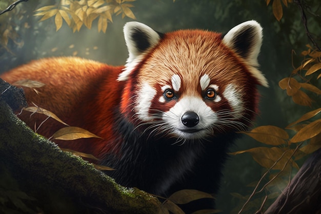 A red panda in a forest with leaves on the bottom