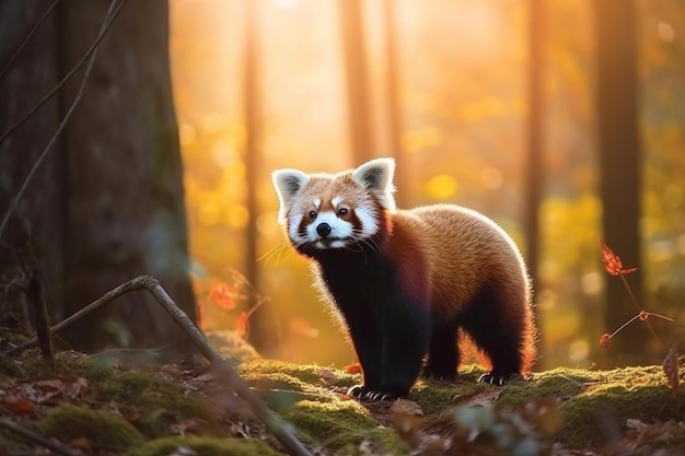 A red panda in a forest with the sun shining on its face.