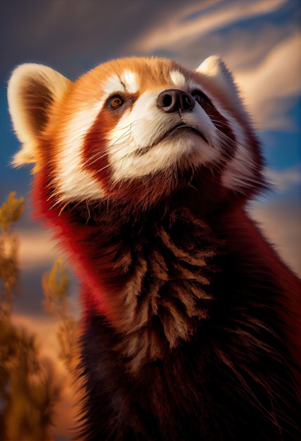 Red panda gazing up at the sky its fur tinged with the colors of sunset generative ai