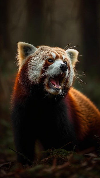 A red panda is in the dark