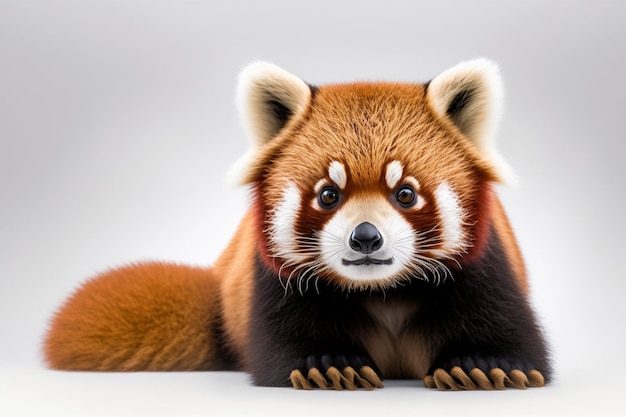 A red panda is laying on a white background.