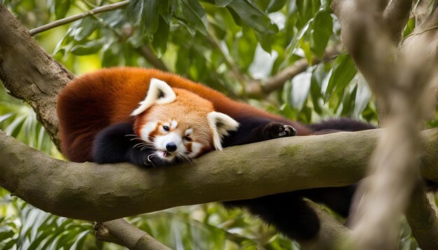 a red panda is sleeping on a tree branch