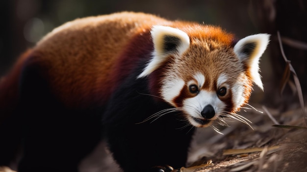 A red panda is walking on a log.