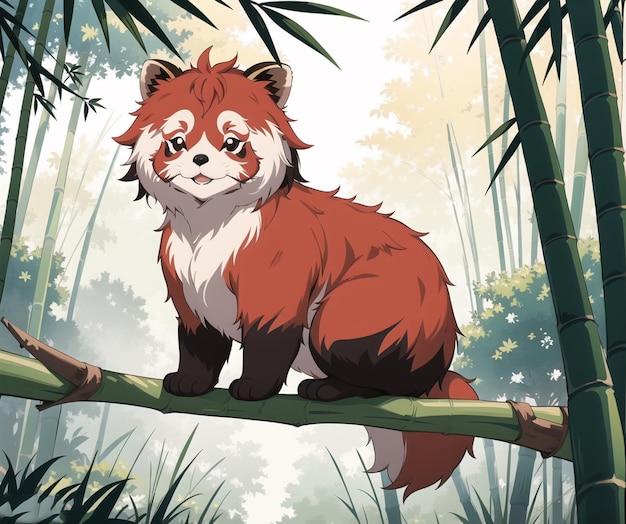 A red panda sits on a branch in a forest.