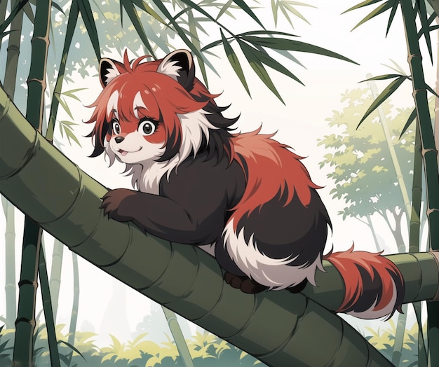 A red panda sits on a branch in a forest.