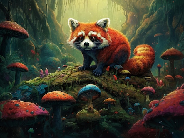 A red panda sits on a mossy rock surrounded by mushrooms.