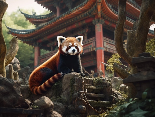 A red panda sits on a rock in front of a chinese temple.