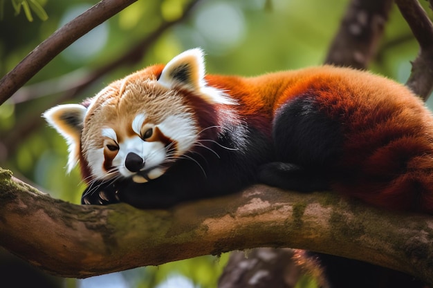 A red panda sits on a tree branch.