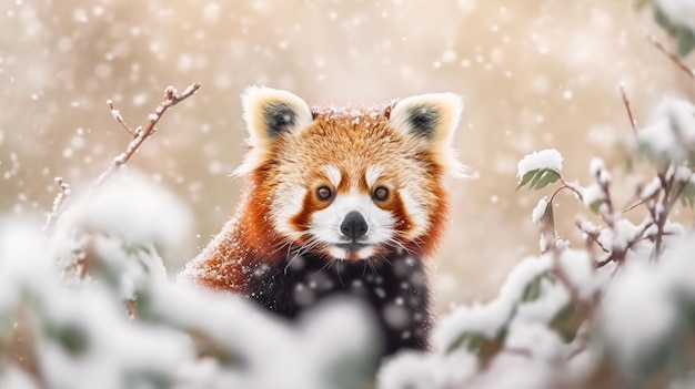 A red panda sitting in a snow covered bush Generative AI image