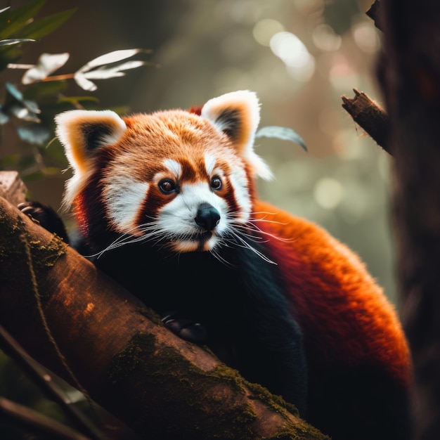 Foto un panda rosso seduto in cima a un ramo di un albero immagine generativa ai