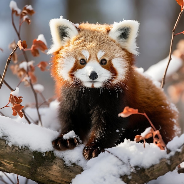 雪の中のレッサーパンダ