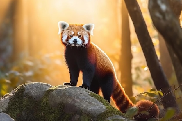 A red panda stands on a rock in the woods.