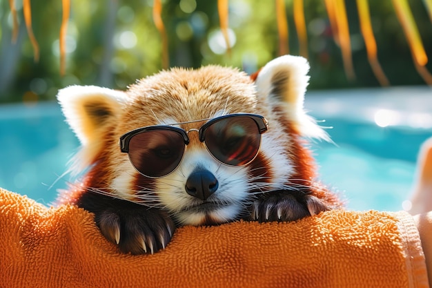 Red panda in sunglasses lying on the sunbed near swimming pool