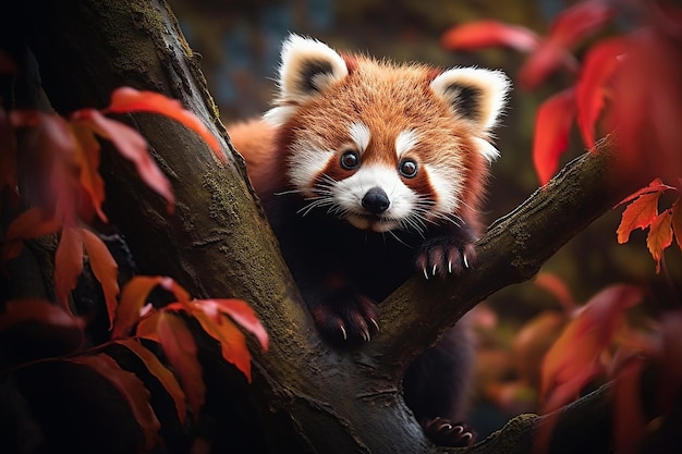 Red panda on a tree closeup