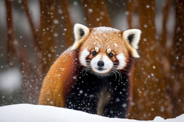 冬の雪のレッサー パンダ