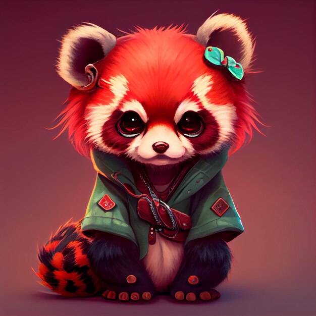 A red panda with a green jacket and blue bow on it.