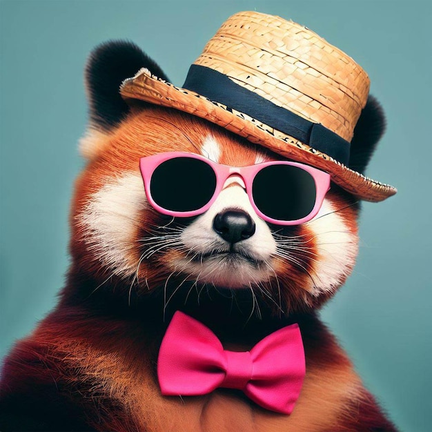 A red panda with a pink bow tie and a hat and a pink bow tie.