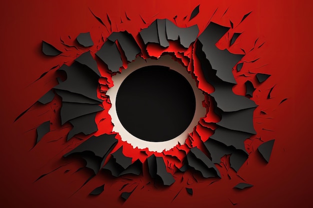 Red paper background with a torn black hole as a model for writing or marketing