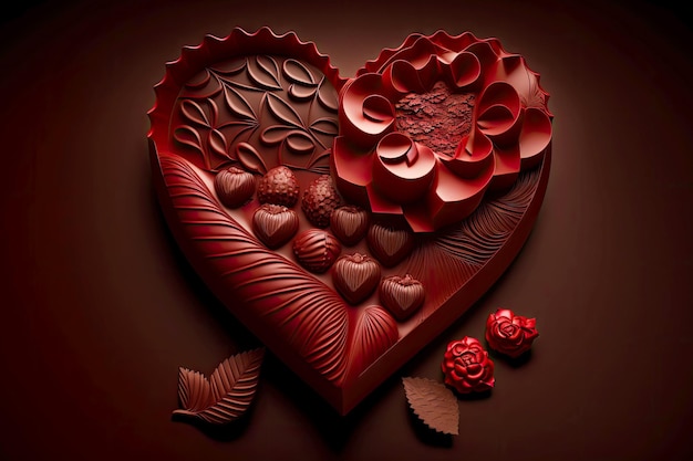 Red paper chocolate heart with confectionery in shape of flower created with generative ai