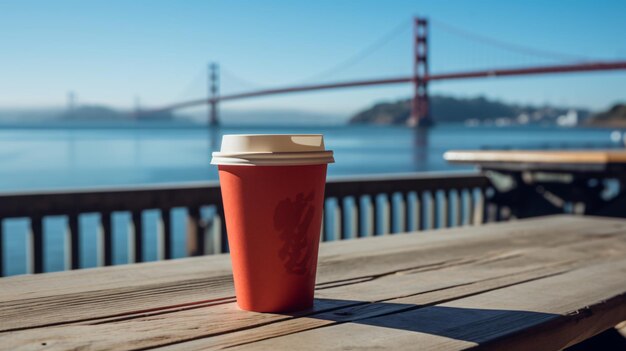 A red paper cup of coffee on a wooden table