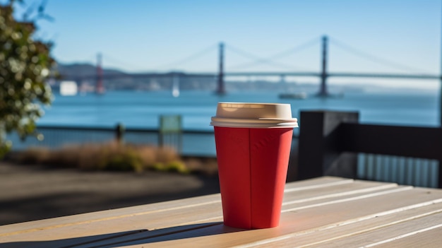 A red paper cup of coffee on a wooden table