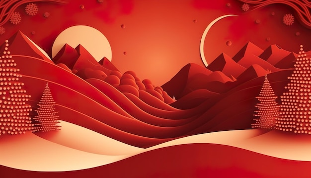 A red paper cut out of a desert with a red sun and a red planet in the background