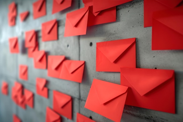 Red paper envelopes on wall closeup Concept of sending email