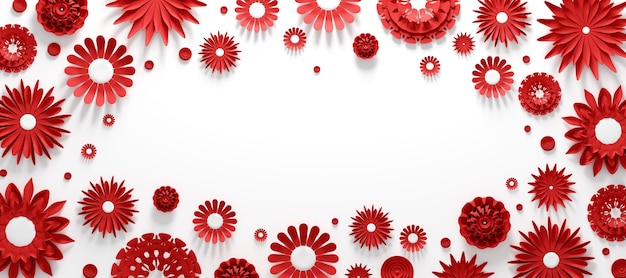 Red paper flowers on white background with empty space