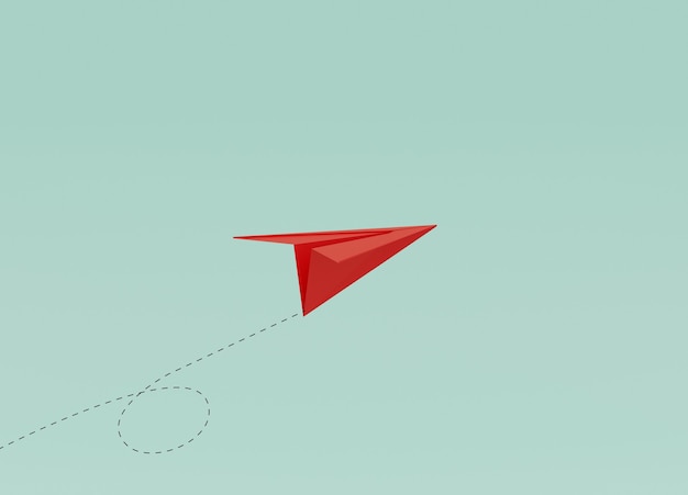 Red paper flying on blue background for running business by 3d rendering technique.