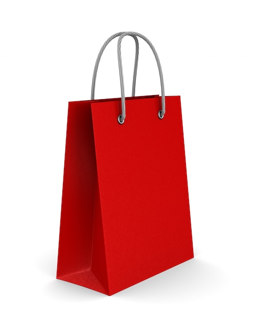 Red paper gift bag on white.