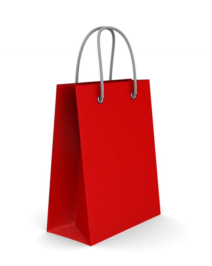 Photo red paper gift bag on white.
