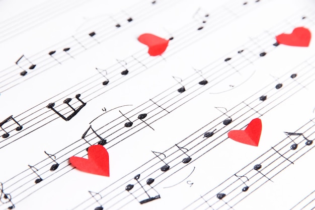 Red paper hearts on music book closeup