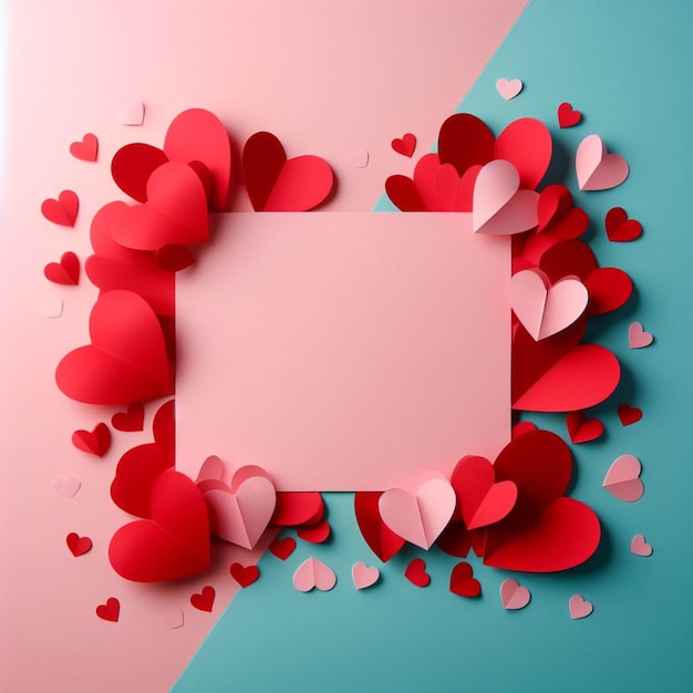 Red paper hearts on pink and cyan background