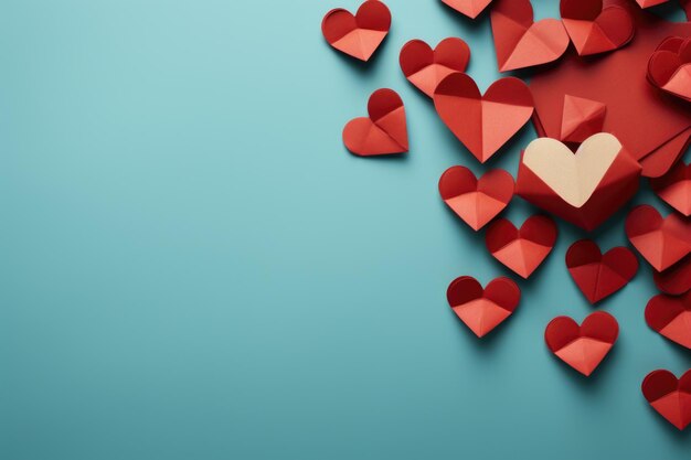 Red paper hearts scattered around an envelope on a turquoise background