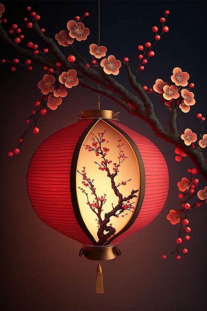 Red paper lantern hanging from a tree branch generative ai