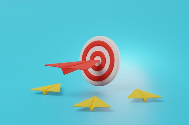 Red paper plane hit on the target board ahead of the other\
yellow planes on blue background business target or goal teamwork\
leadership concept 3d rendering