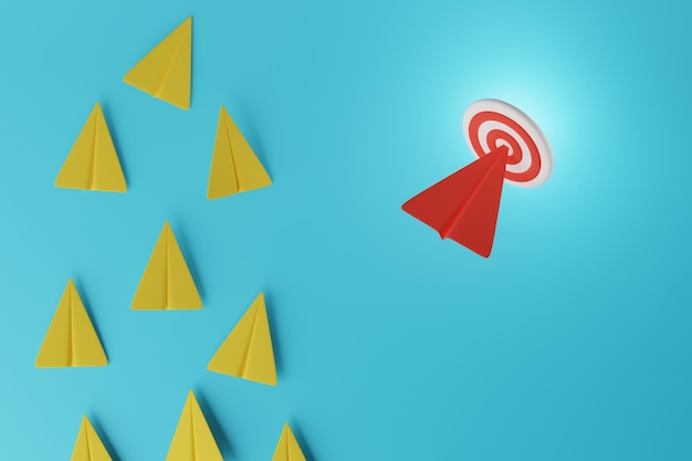 Red paper plane hit on the target board ahead of the other\
yellow planes on blue background business target or goal teamwork\
leadership concept 3d rendering