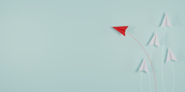 Красный бумажный самолетик вне линии с белой бумагой, чтобы изменить нарушение и найти новый нормальный путь на синем фоне. Лифт и бизнес-творчество, новая идея для открытия инновационных технологий. 3d визуализация