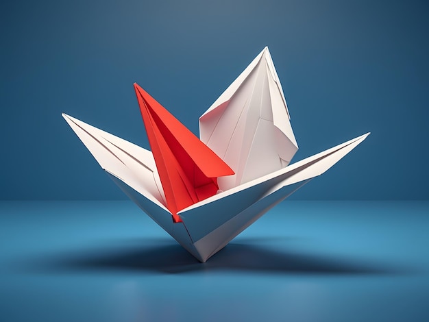 Red paper plane out of line with white paper to change disrupt and finding new normal way on blue