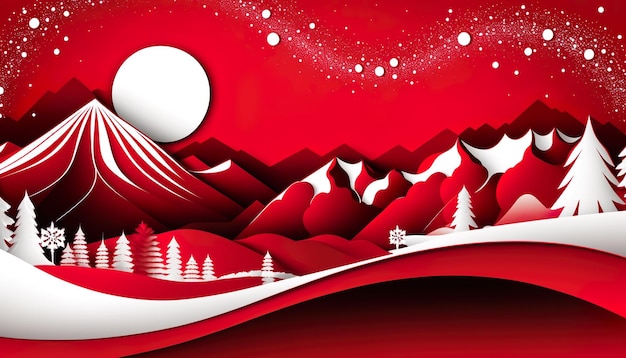 A red paper with mountains and a moon on it