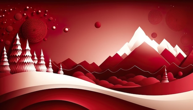 A red paper with mountains and a sun