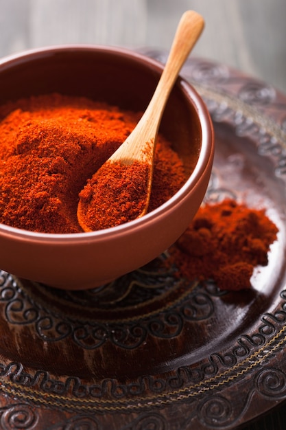 Red paprika powder spice in bowl