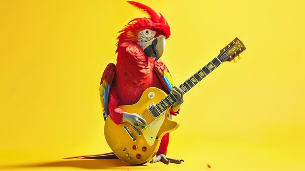 Photo a red parrot playing the guitar on a yellow background